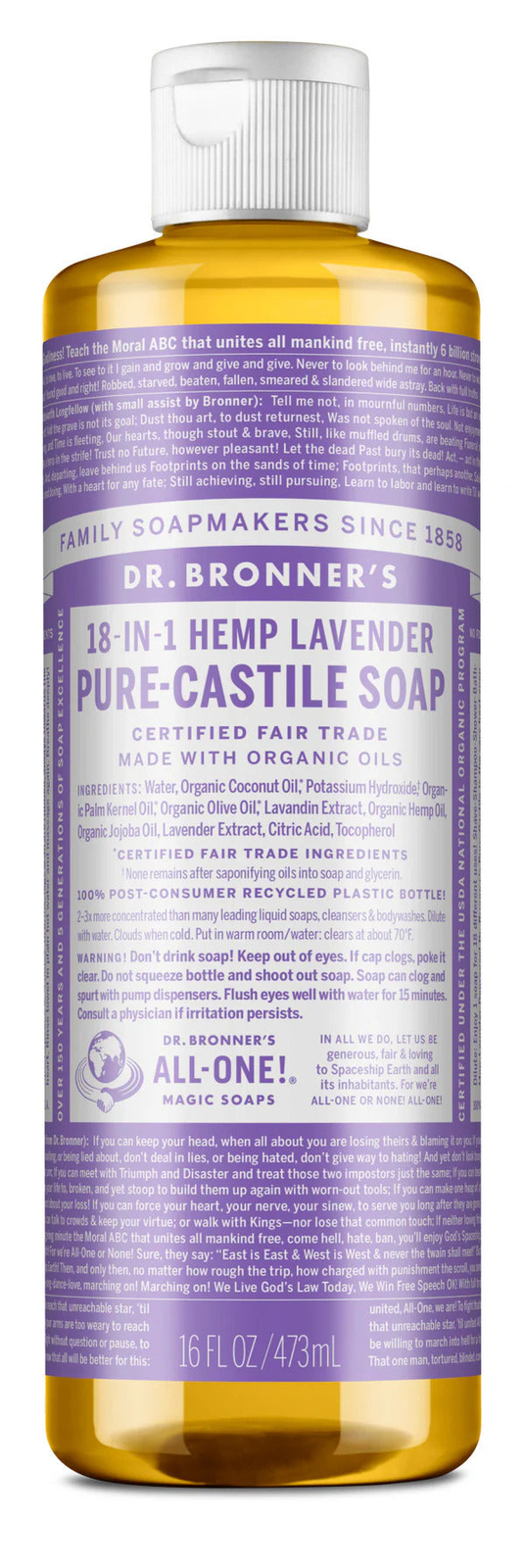 Dr Bronner’s 18-In-1 Hemp Lavender Pure-Castile Soap 16fl oz 473ml