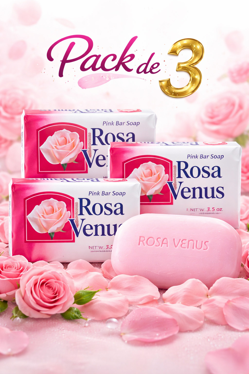 Rosa Venus Pink Soap Bars 3.5 oz Pack of 3 Gentle Cleansing Fresh Rose Scent