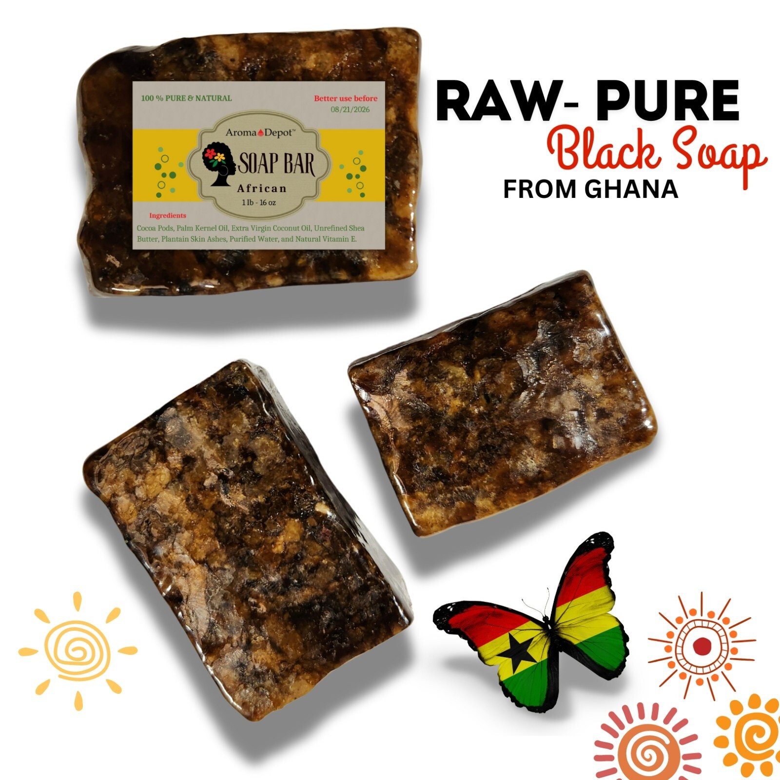 Black Soap 1 lb. African Raw Natural Soap Unrefined Pure Skin Body Face Wash