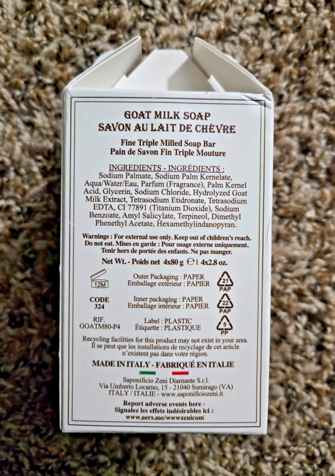 Italian Goat Milk Soap Set 4 Bars Triple Milled Made in Italy New