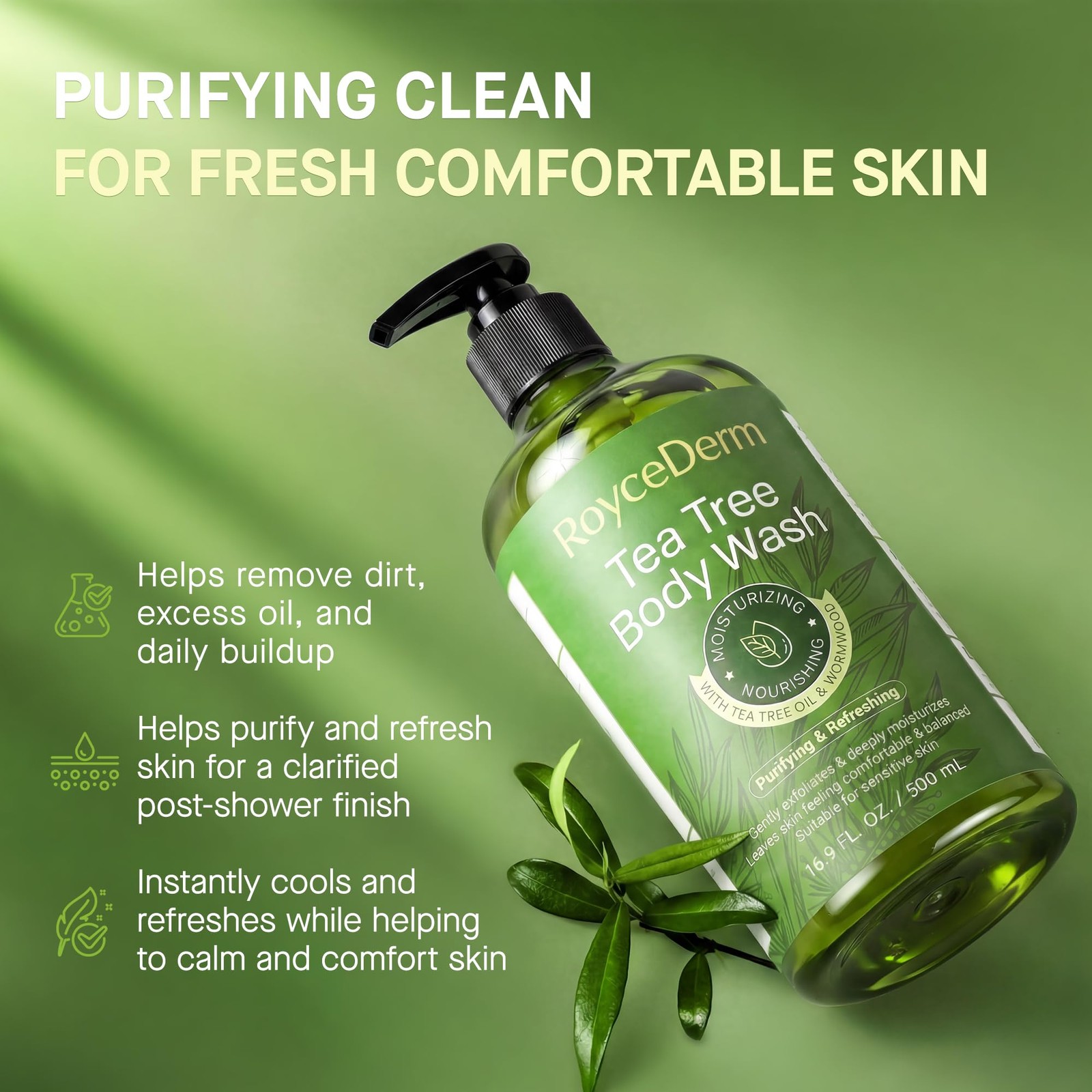 Roycederm Tea Tree Body Wash & Soap, Purifying 16.9 Fl Oz (Pack of 1), green