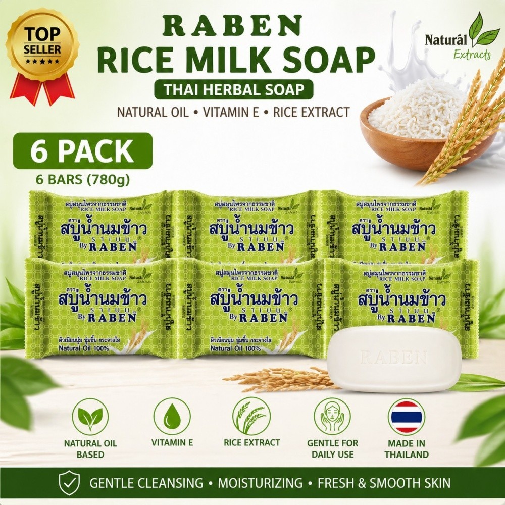 RABEN Rice Milk Soap Thai Herbal Bar Natural Oil Vitamin E 2-12 Pack