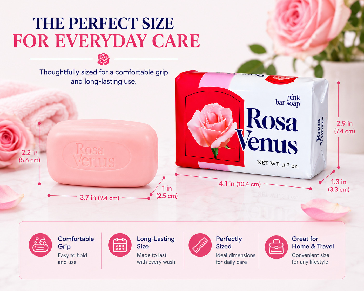 Rosa Venus Pink Bar Soap 5.3 oz Pack of 3 Gentle Cleansing Rose Scent