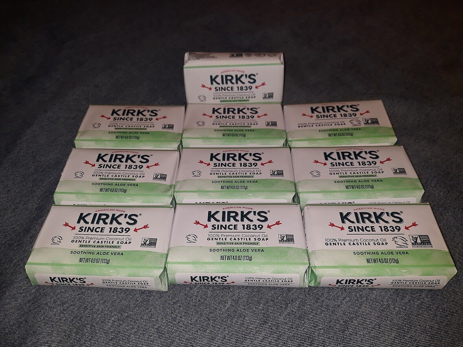 Kirk’s Original 100% Coconut Oil Castile Soothing Aloe Vera 4 Oz Soap Bars x10