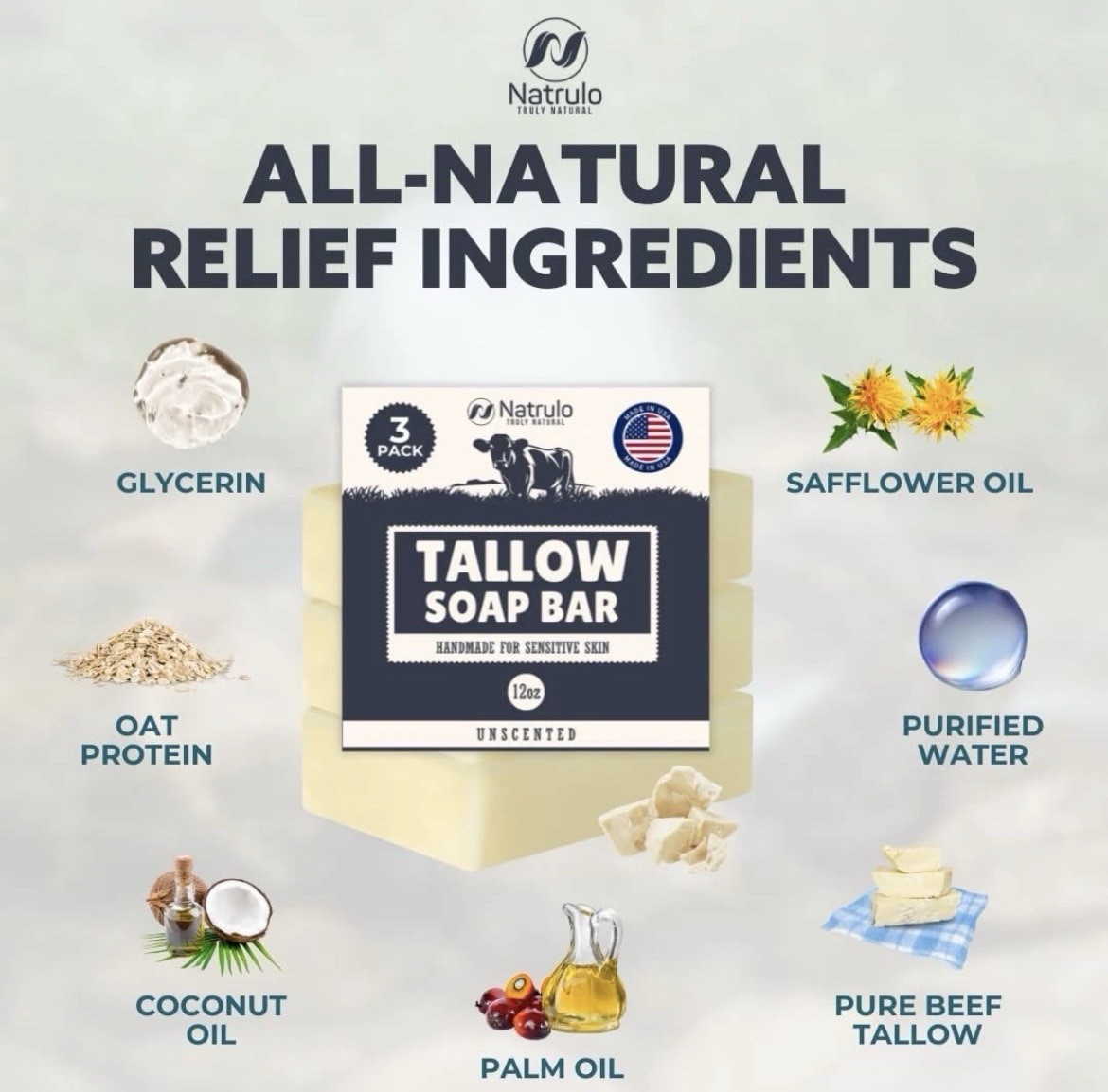 Beef Tallow Soap Bars 3Pk All Natural Grass Fed Unscented Moisturizing