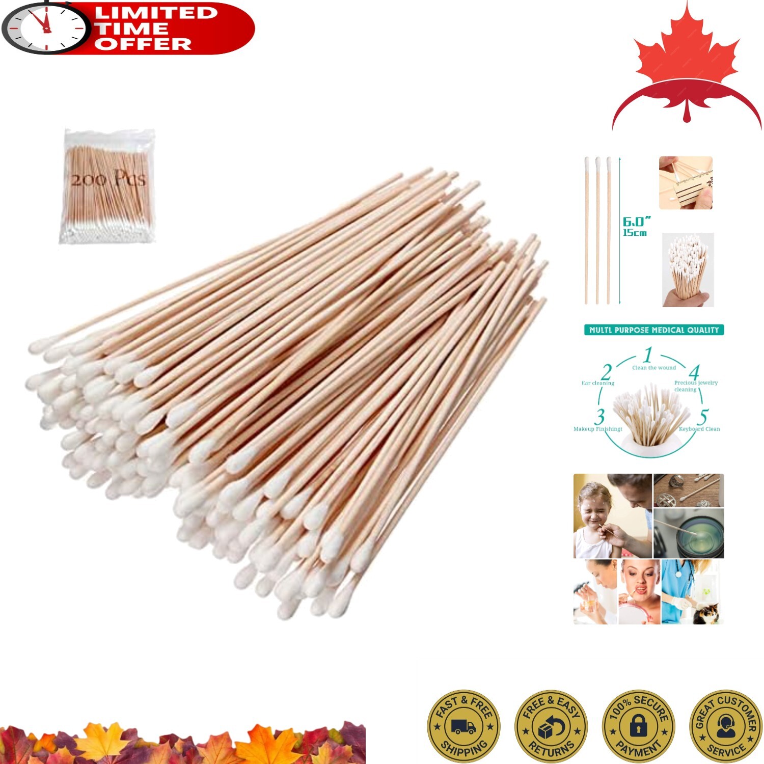 Long Cotton Swabs with Wooden Handles – 200 Count – Ideal for Precision Cleaning