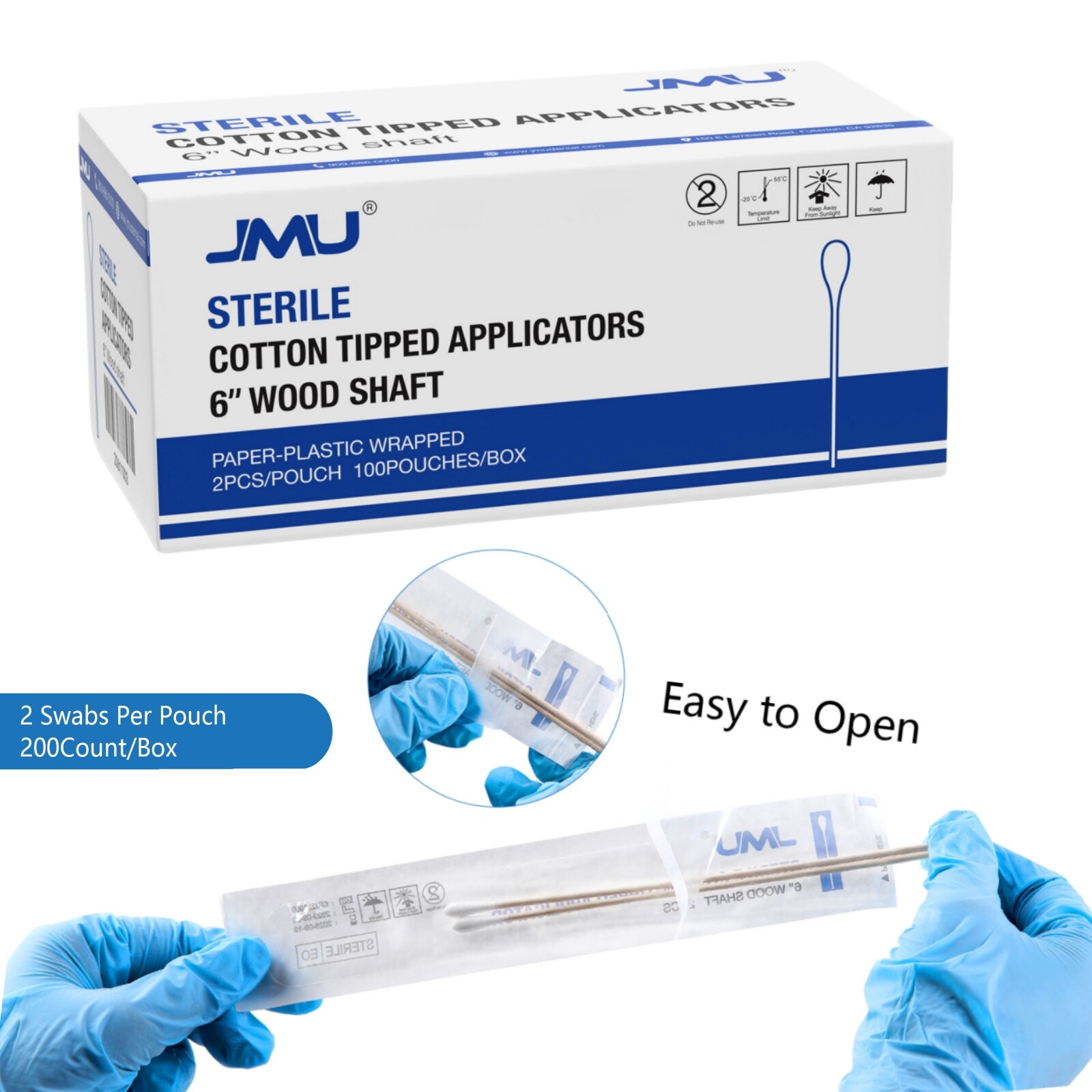 JMU 6″ Sterile Cotton Tip Applicator, Up to 10000 Wood Swab Stick Medical Makeup