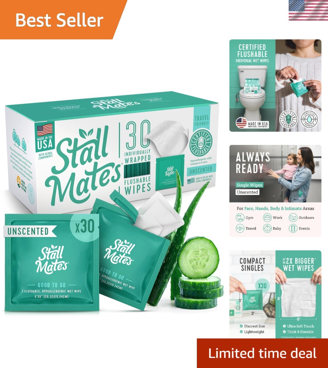 Individually Wrapped 30 Count Flushable Wipes – Eco-Friendly & Gentle on Skin