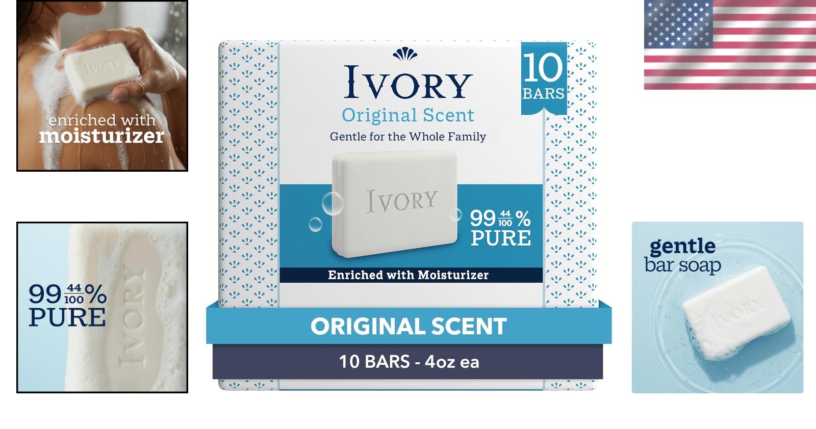 Ivory Gentle Bath Bar Soap, 4 oz 10 Count, 99.44 Pure, Family Pack