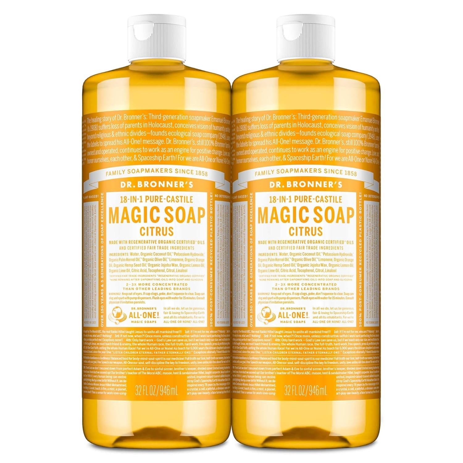 Eco-Friendly 32oz Pure-Castile Citrus Soap – Concentrated 18-in-1 Cleaner