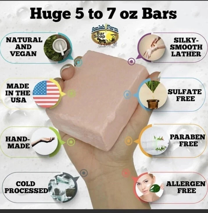 Natural Bar Soap Amish Farm Hand Cut, Hand Crafted, Six HUGE 6+oz. Bars