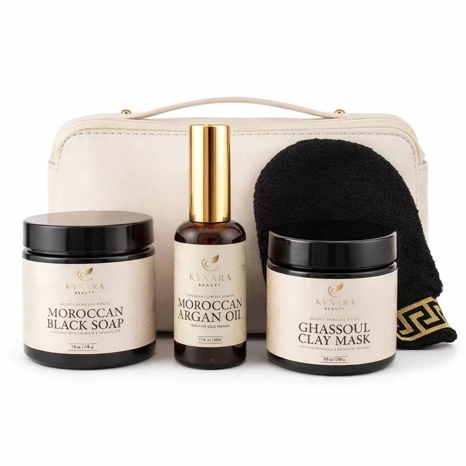 Moroccan Hammam Spa Kit Set 4(Black Soap, Argan Oil, Rhassoul Clay, Kessa glove}