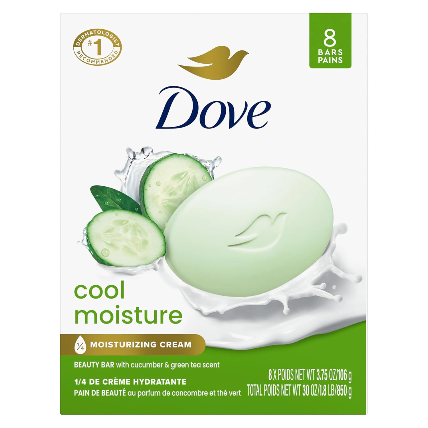 Dove Cool Moisture Beauty Soap 8 Count Refreshing Cleanser 3.75 Oz Moisturizing