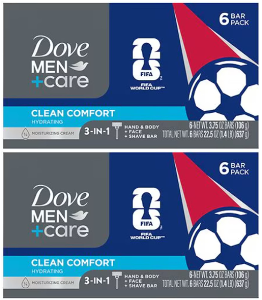 Dove Men +Care FIFA EDT. CLEAN COMFORT Hydrating Bar Soap 6 Ct-Lot of 2=12 Bars
