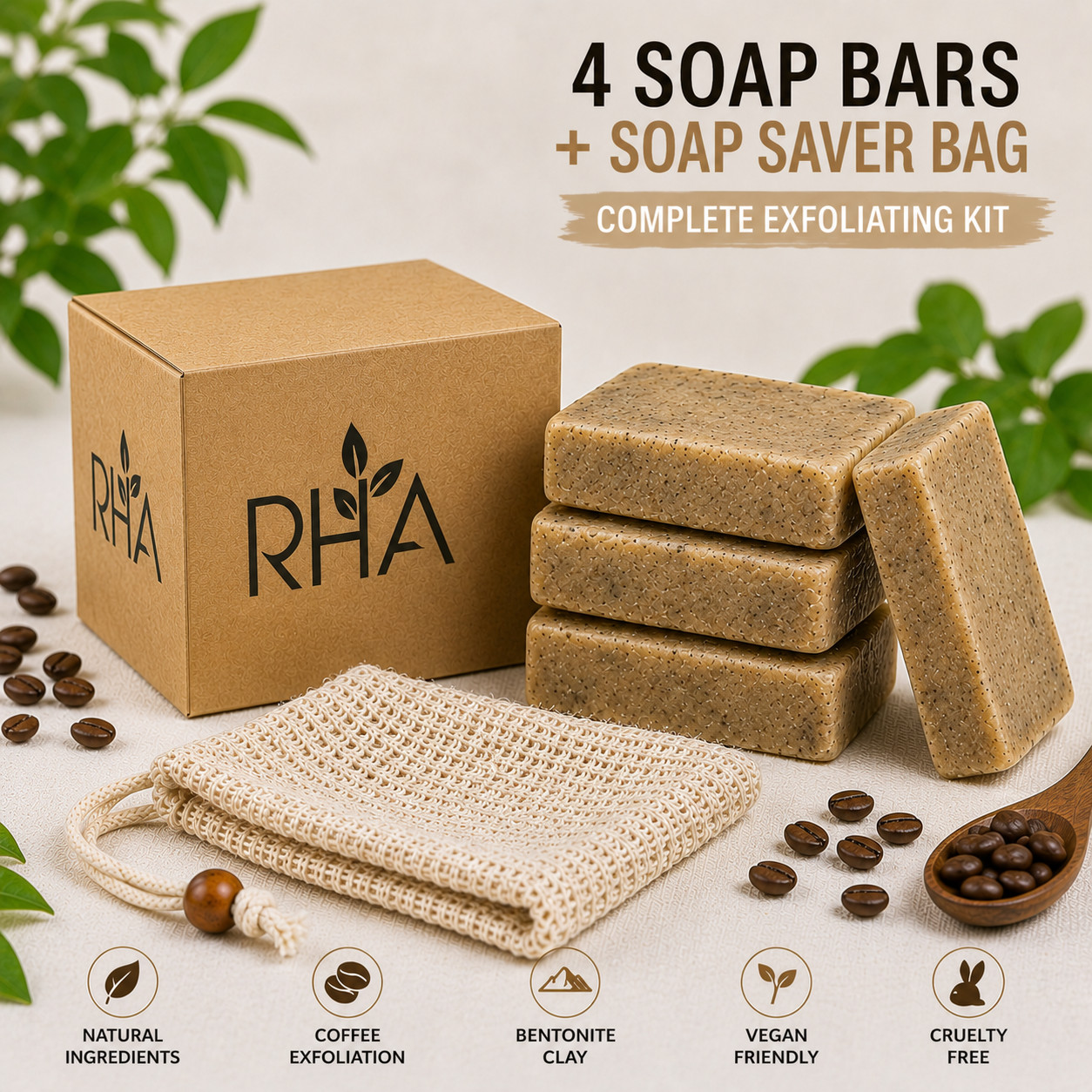 Exfoliating Soap Bars 4 Pack + Soap Saver Bag Deep Cleansing Coffee Scrub Body F