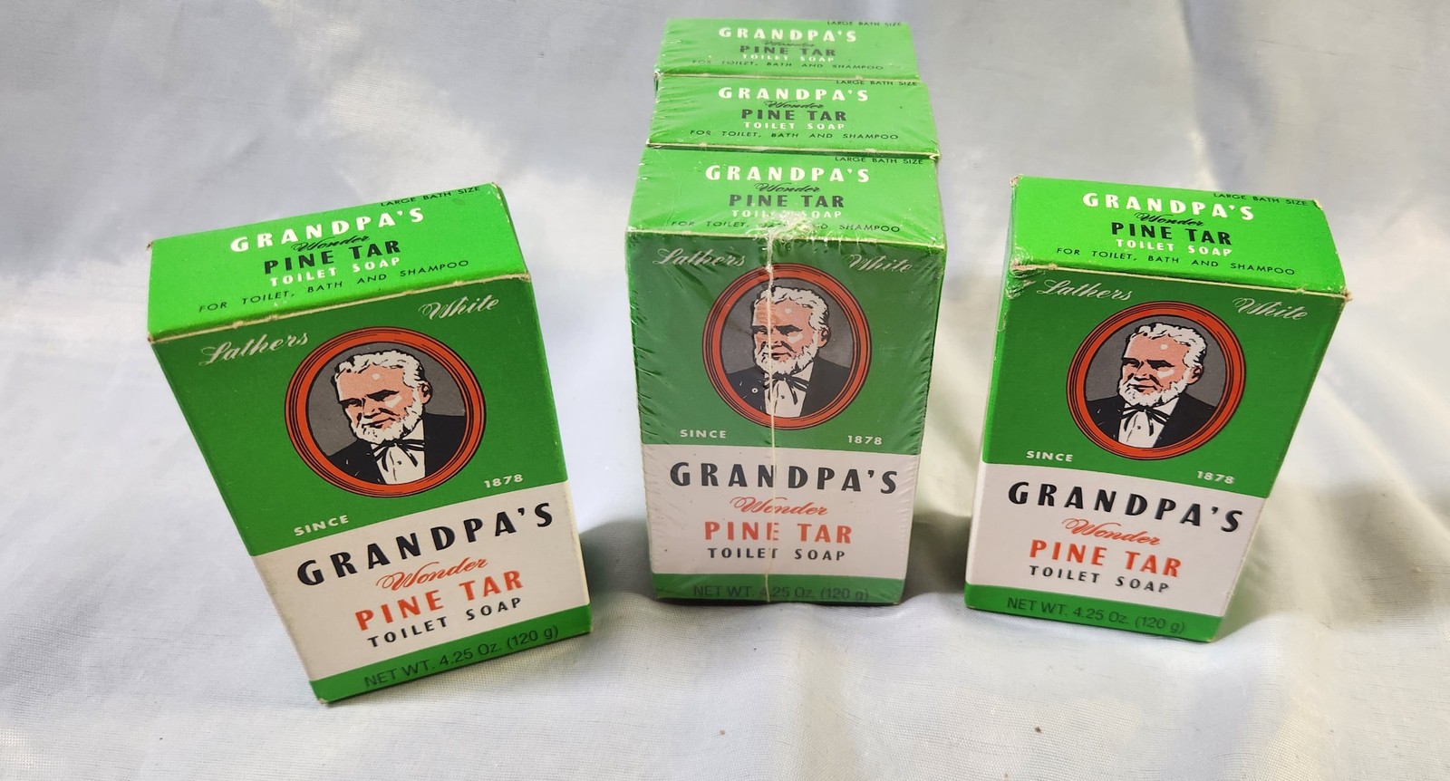 5 GRANDPA’S WONDER PINE TAR TOILET BAR SOAP NEW OLD STOCK IN SEALED BOXES!