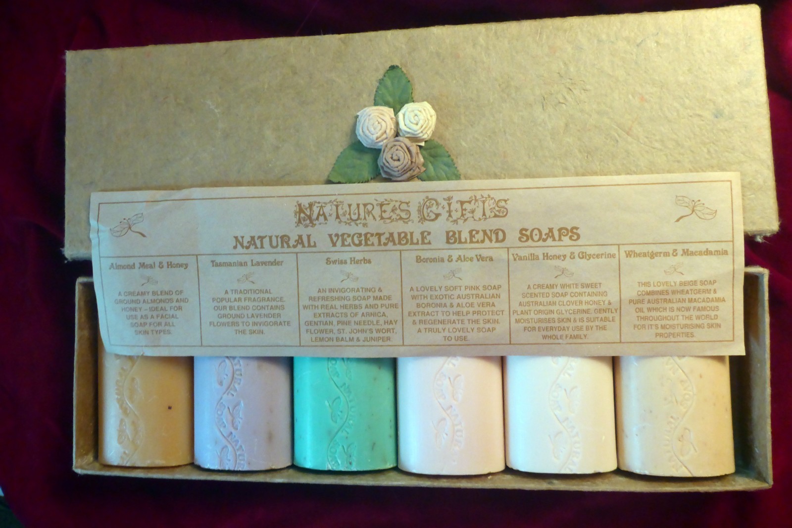 Gift box set of 6 different Natural Vegetable Blend Soaps by Natures Gifts