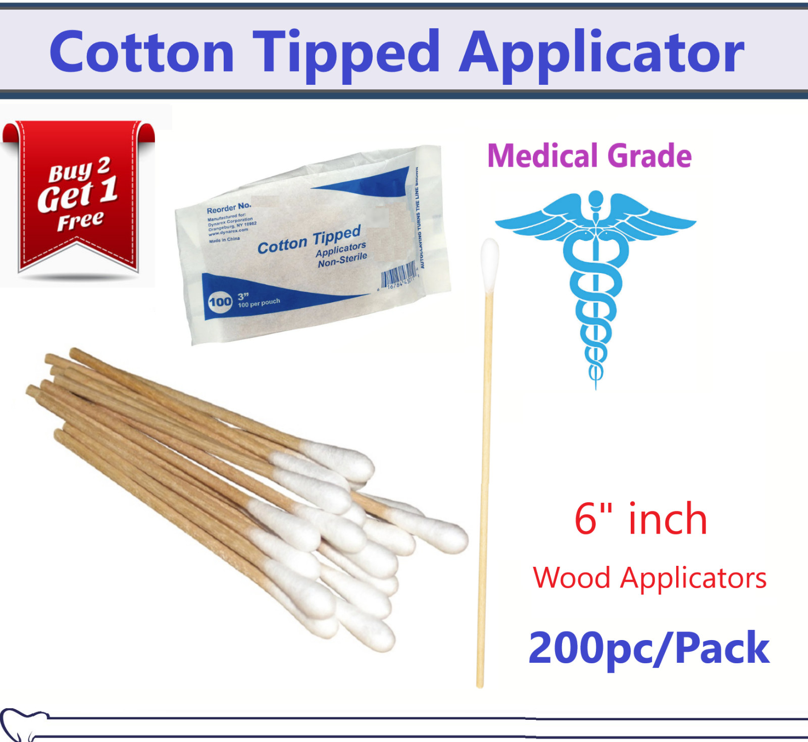 200pc Cotton Swabs Swab Q-tips 6″ Long Wood Medical Grade Manufacturer Sealed US