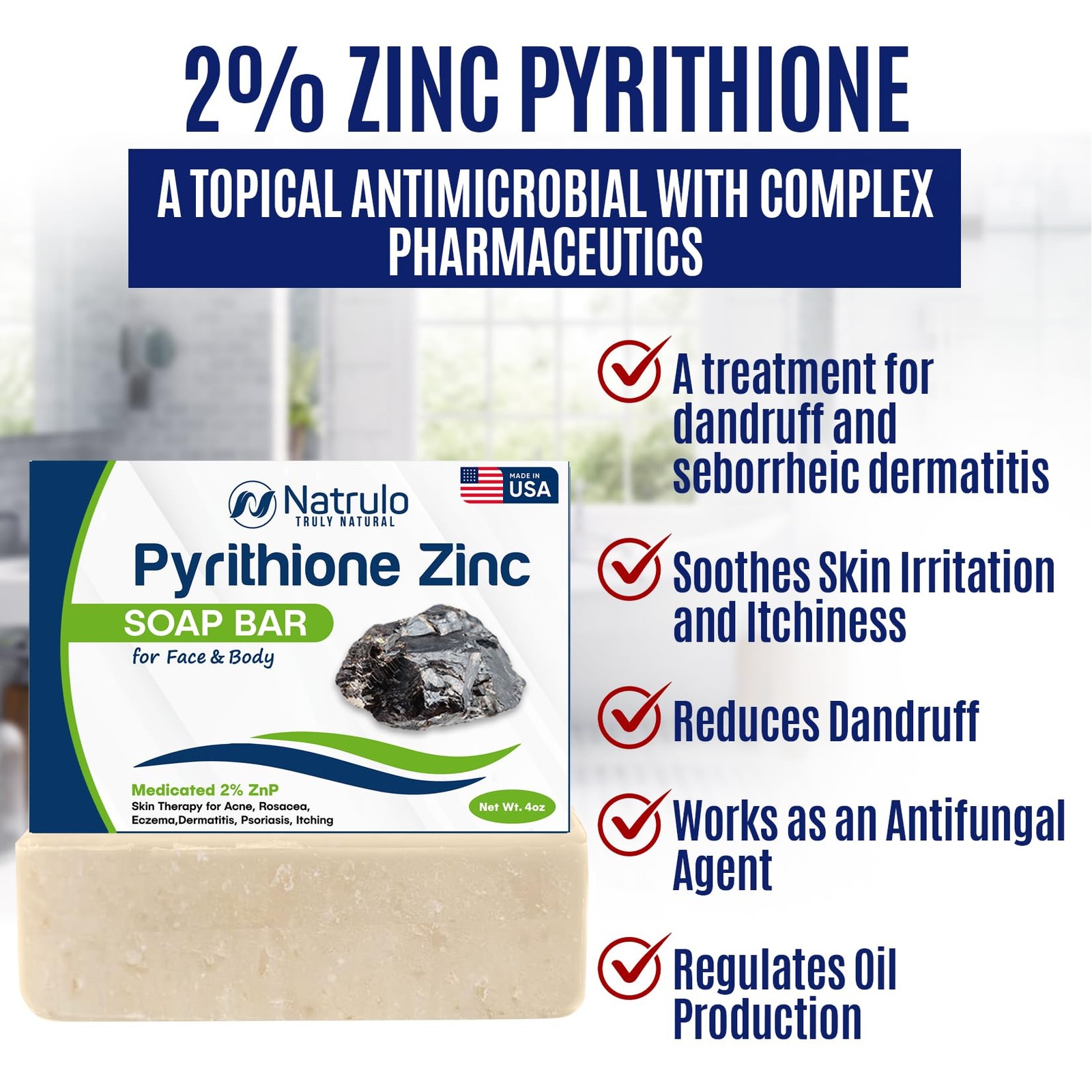 Pyrithione Zinc Soap Bar for Face & Body, 4oz | Medicated 2% ZnP Bar Soap Skin