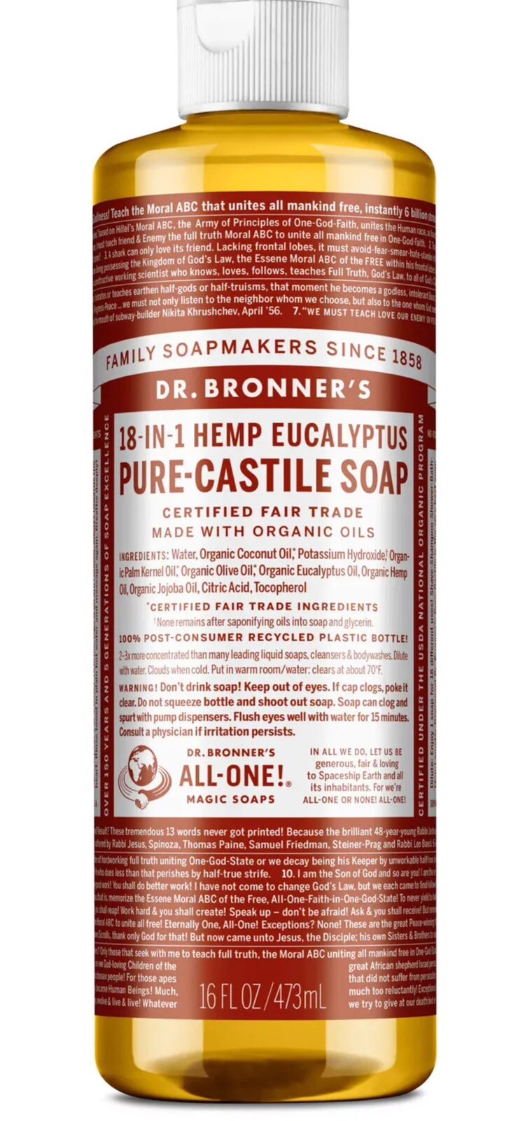 Dr Bronner’s 18-In-1 Hemp Eucalyptus Pure-Castile Soap 16fl oz 473ml