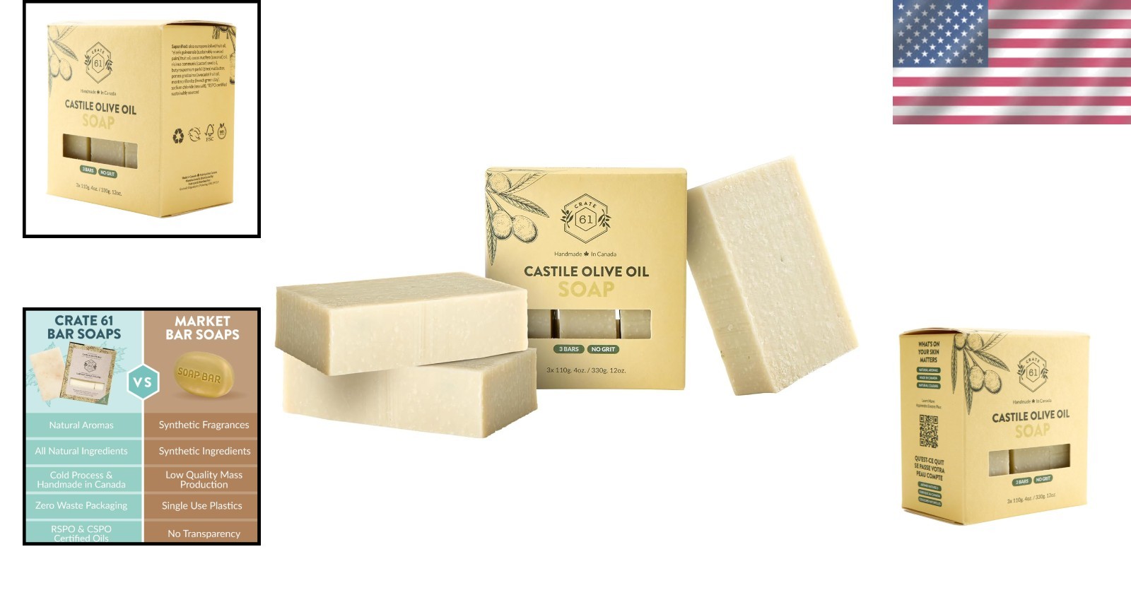 Eco-Friendly Unscented Bar Soap – Handmade in Canada, 3-Pack Essential Oils