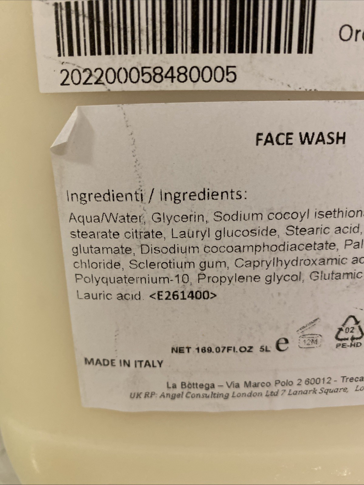 La Bottega Italy W Hotel Face Wash Cleanser Refill Jumbo 5 Liter Luxury