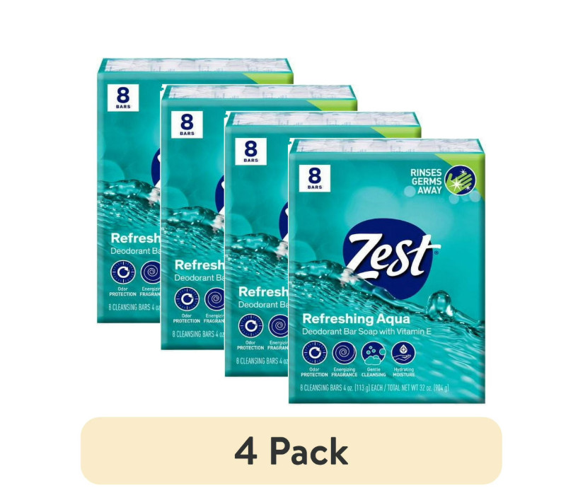 Zest Deodorant Bar Soap, Hydrating Moisture for All Skin Types, Aqua, 4 oz, 4P