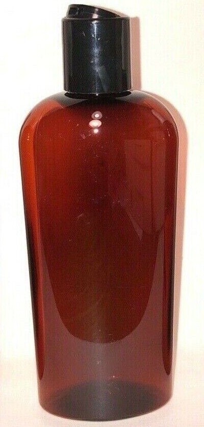 8 oz PET Plastic 24/415 Amber Cosmo Oval Bottle & Black Disc Cap CLEARANCE LOT