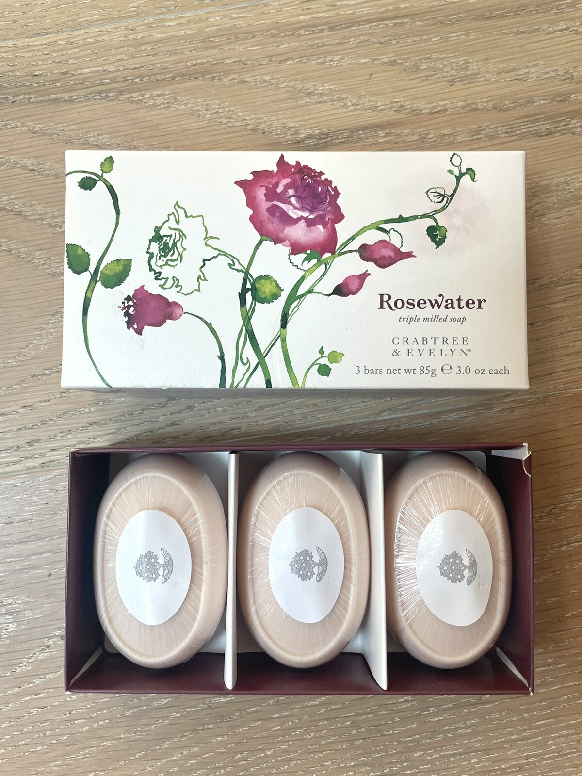 Crabtree & Evelyn Boxed Set of 3 ROSEWATER Triple Milled Bar Soaps 3.0 Oz Each