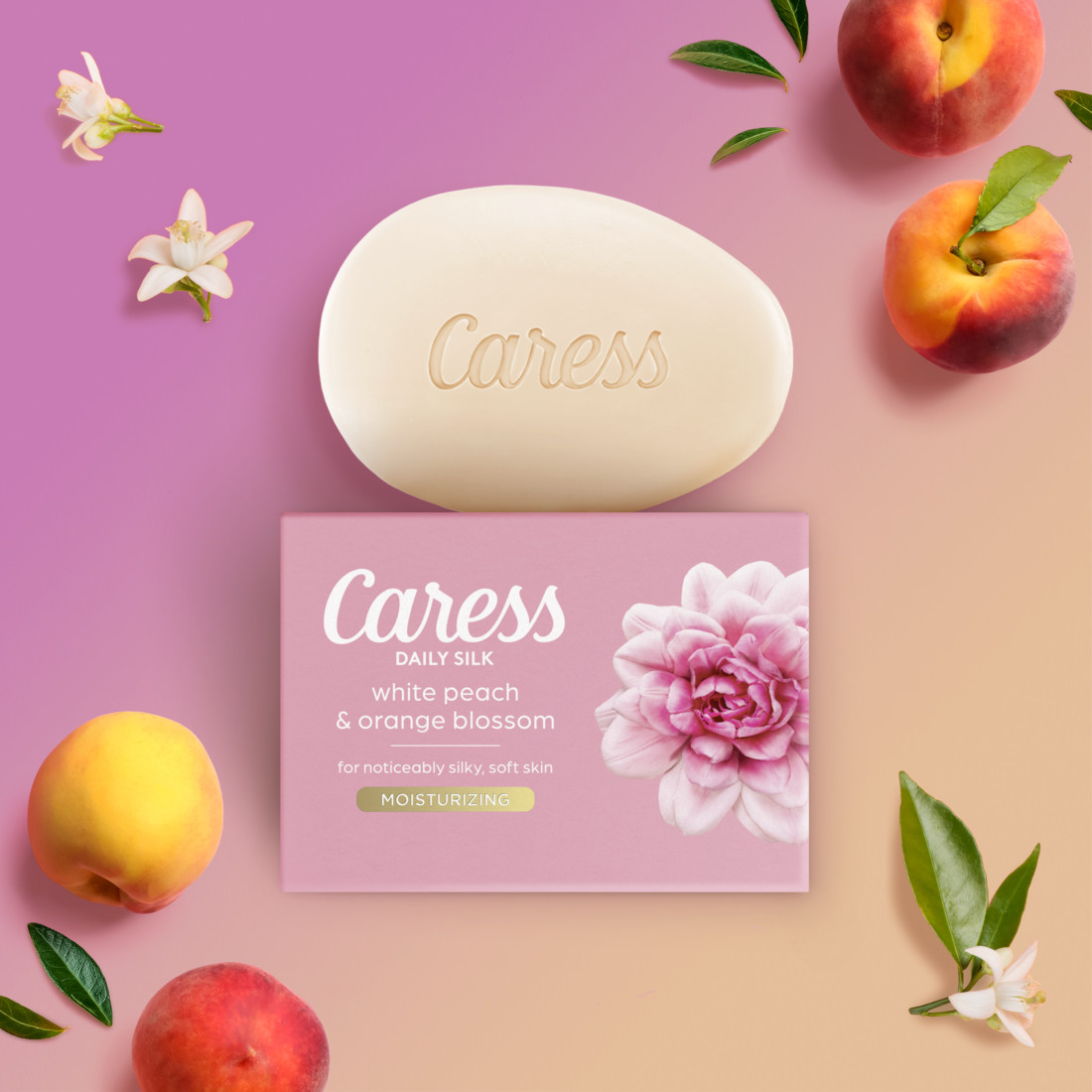 Caress Bar Soap for Women, Daily Silk White Peach & Orange Blossom for All Skin