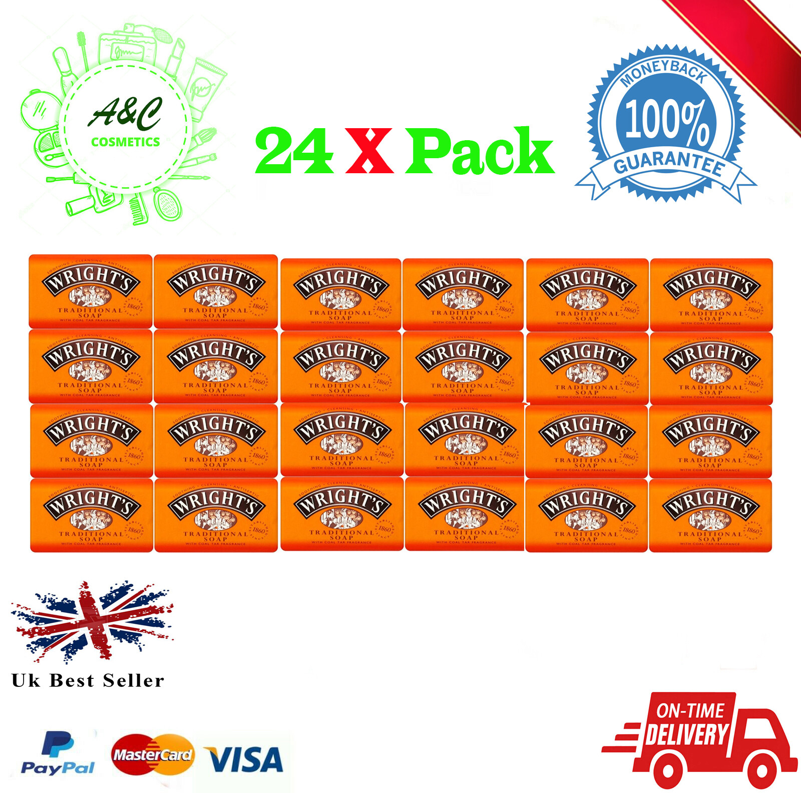 24 x 100g WRIGHTS TRADITIONAL COAL TAR FRAGRANCE SOAP BARS ANTISEPTIC CLEANSING