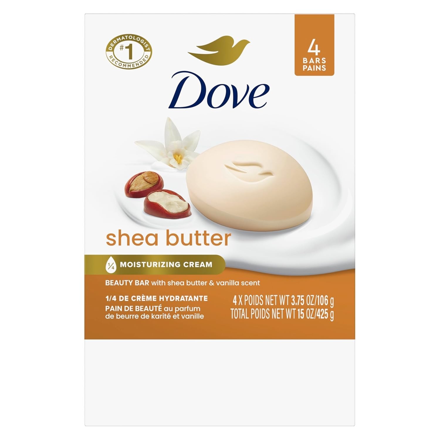 Dove Beauty Bar Soap Shea Butter 4 Count for Nourished, Radiant Skin, Enriche…