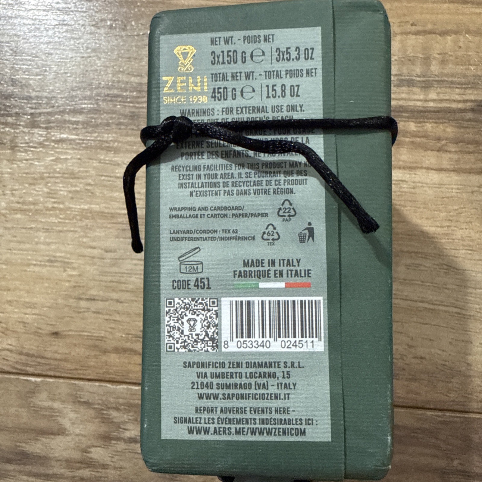 ZENI FINE TRIPLE MILLED SOAP BAR (3 BARS )5.3OZ EACH ITALY- Green Vetiver
