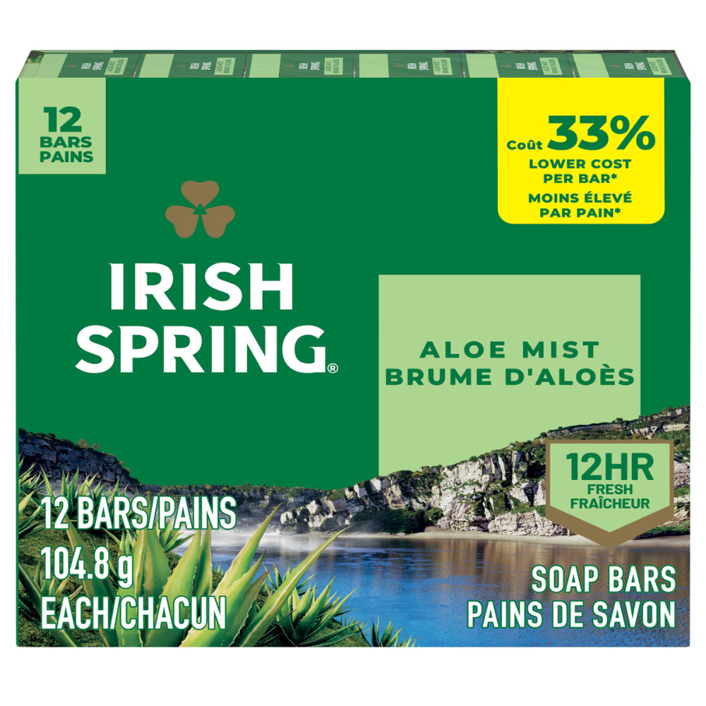 Irish Spring Aloe Mist Deodorant Men’s Bar Soap 3.7oz, Bulk Pack 48 Bars Total