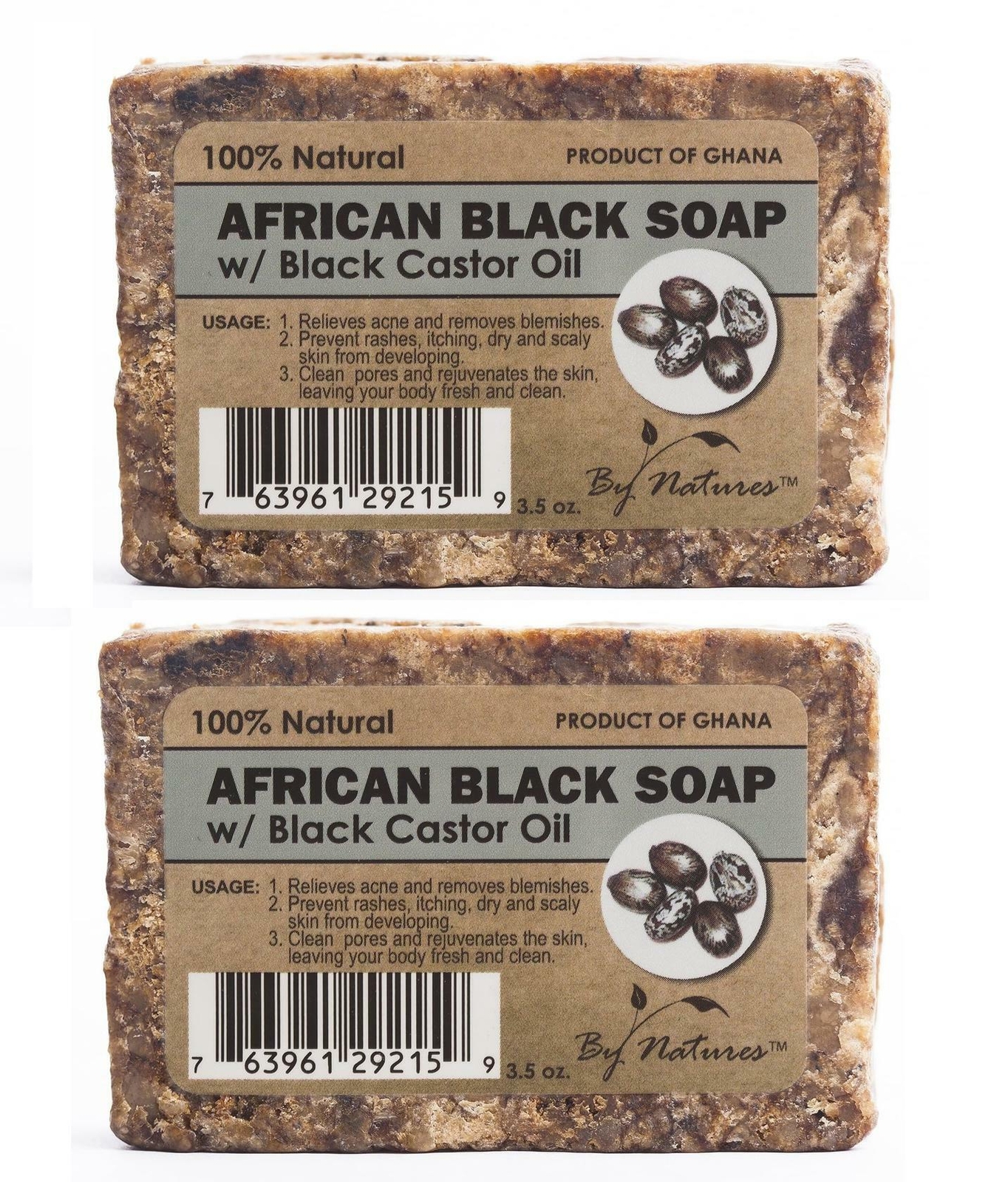 By Natures 100% Natural African Black Soap With Black Castor Oil 3.5 Oz (Pack of