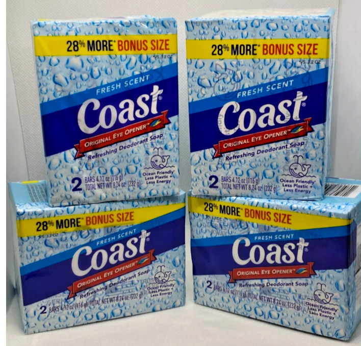 4 Packs Coast Refreshing Deodorant Soap Bar Fresh Scent, Original (8 Bars Total)