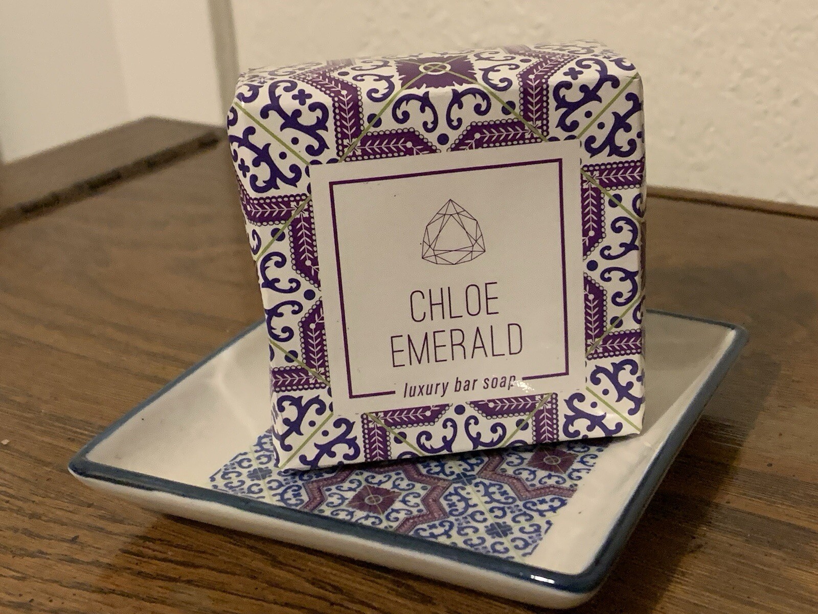 Chloe Emerald Emery Soap Dish Set, with soap, fresh linen