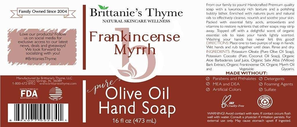 Organic Natural Hand Soap, 16 oz (Frankincense & Myrrh) Moisturizing Castile …