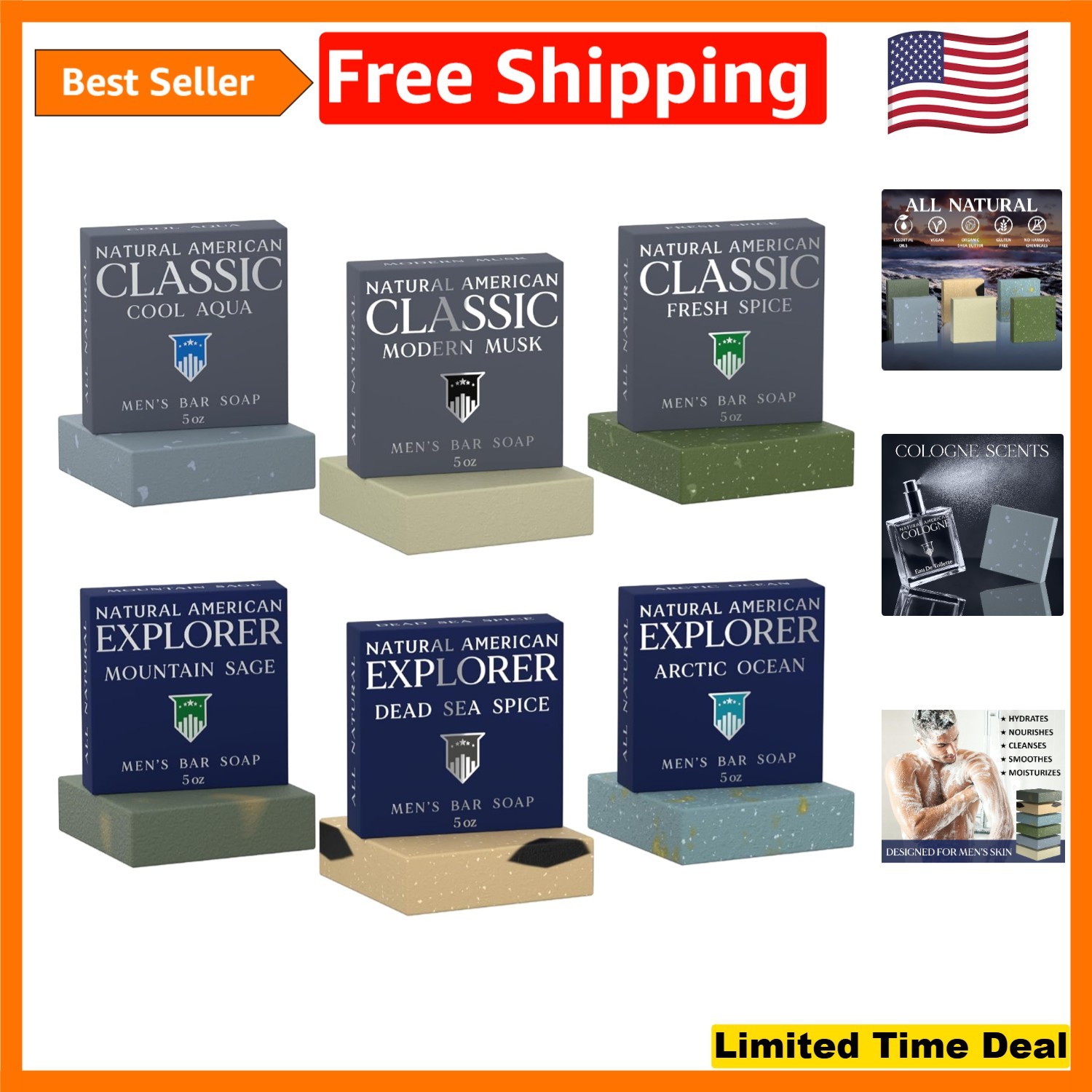 Men’s Cologne Collection Bar Soap – & Chemical-Free, Handmade, 6 x 5 oz