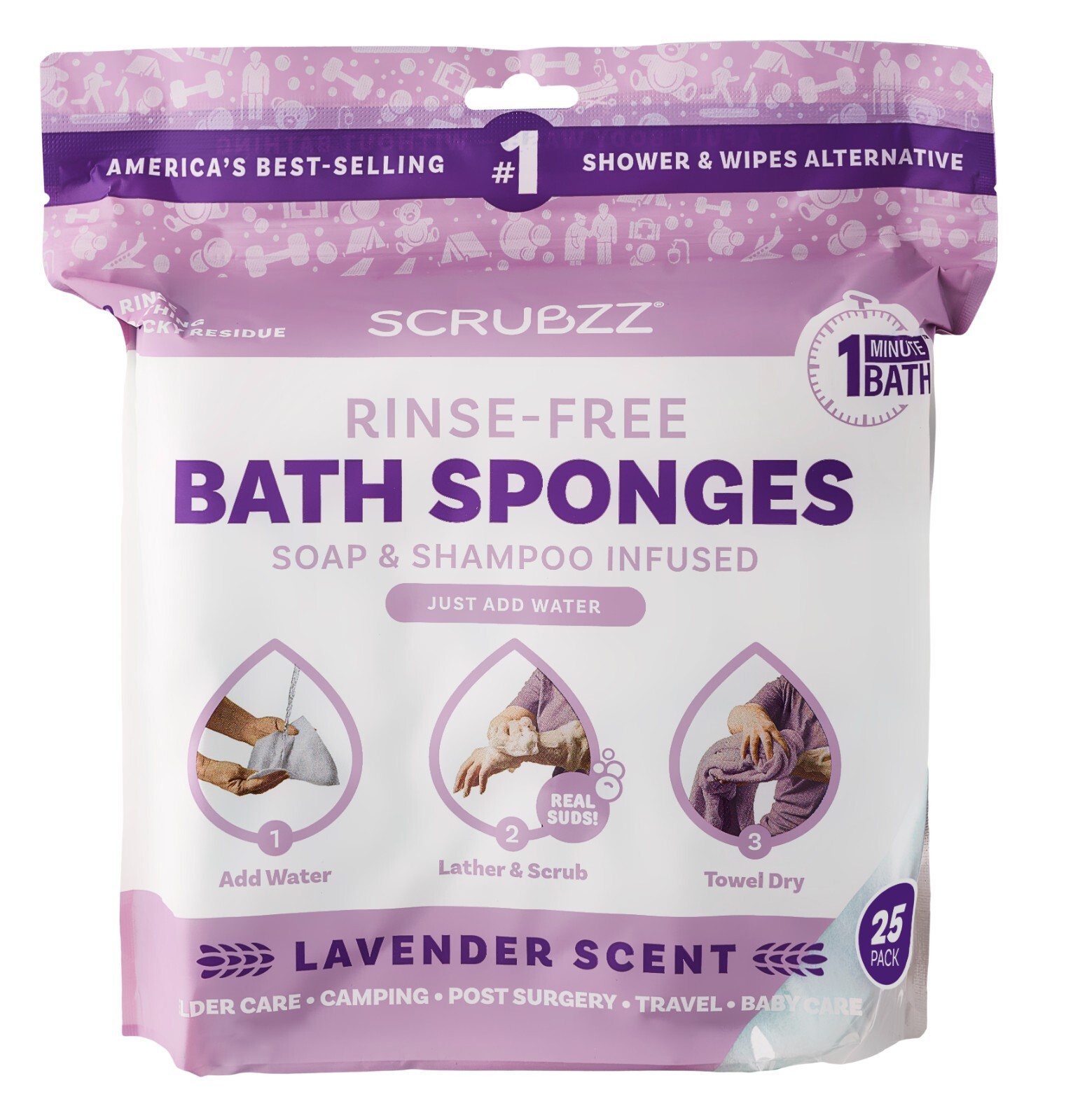 Scrubzz Disposable Rinse Free Bathing Sponges – Lavender, 200 Count