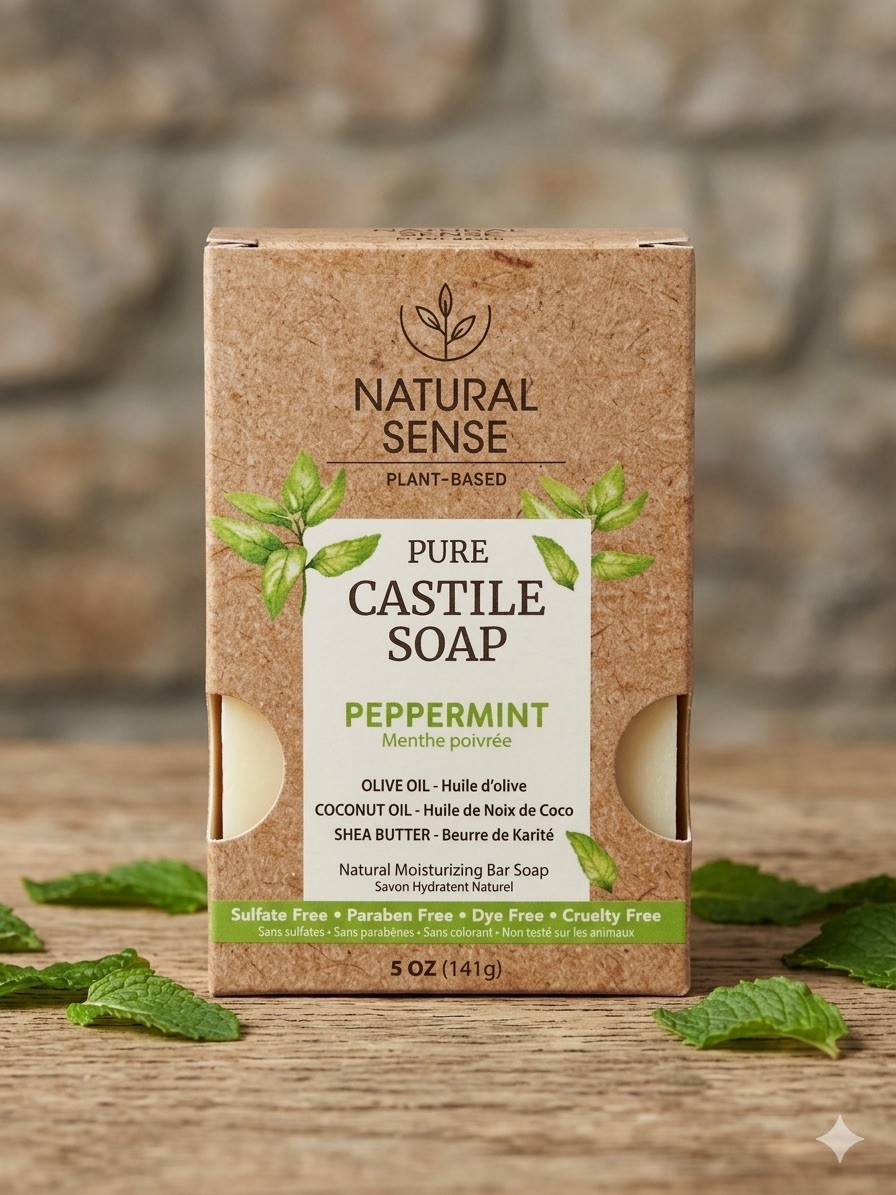 3pack Natural Sense Castile Soap Peppermint Sulfate Free Moisturizing 5 oz Bar