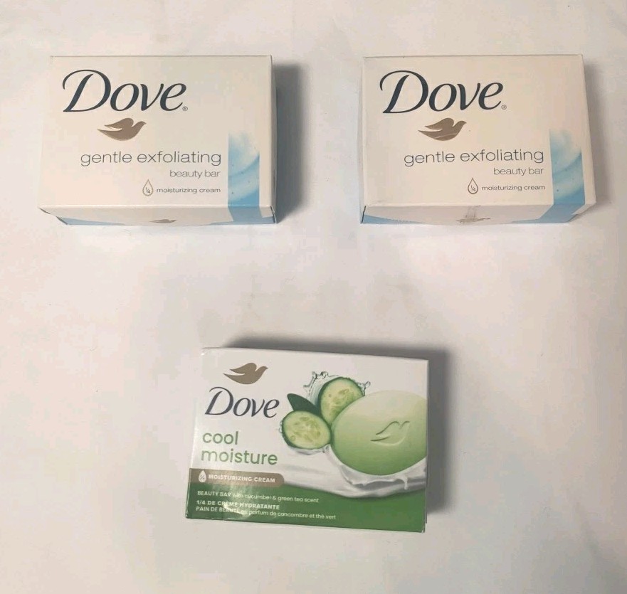 Dove Body Soap Bathing Beauty Bar Lot Of 3 Gentile Exfoliating & Cool Moisture