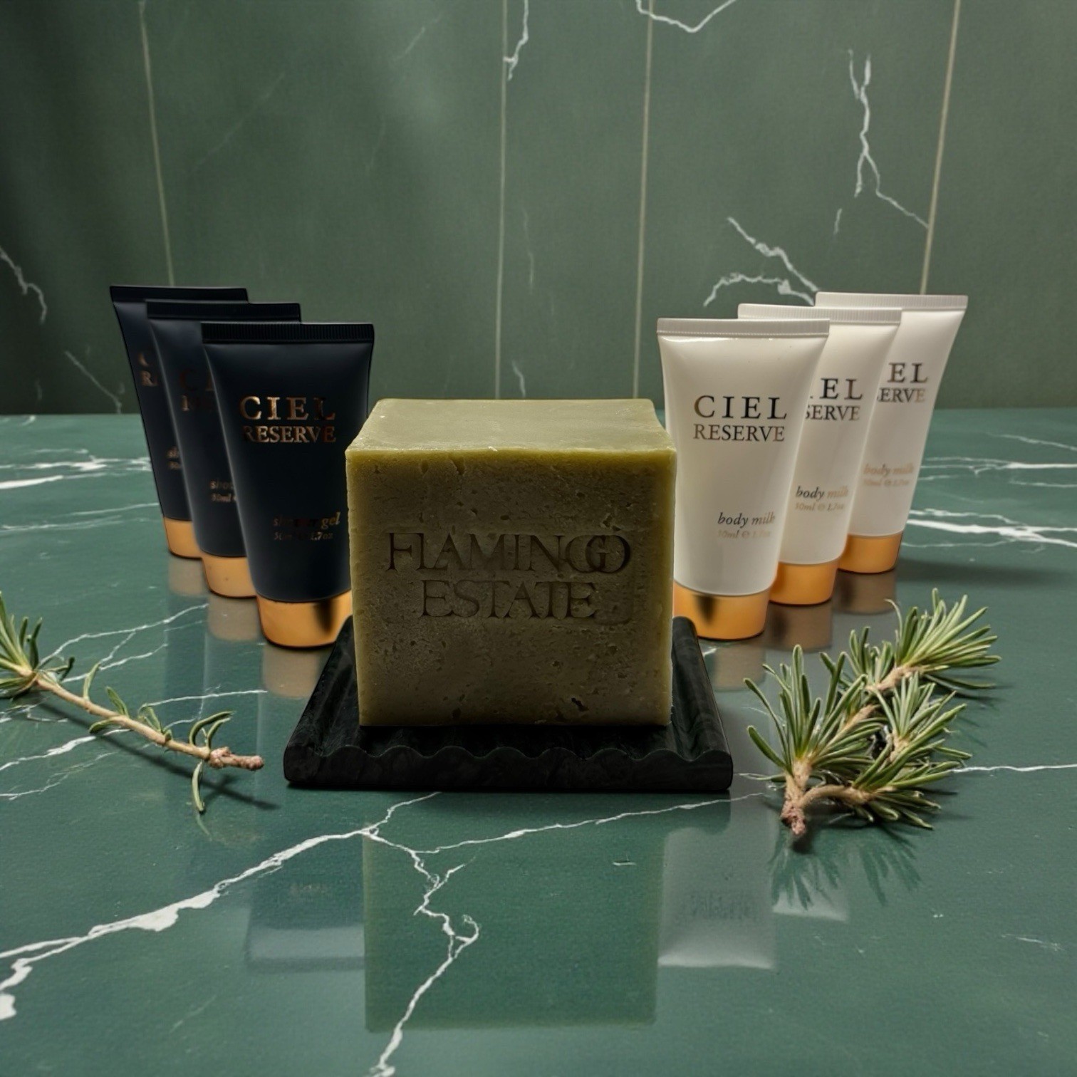 Flamingo Estate Green Leaf Organic Soap Brick with Verde Indio Green Marble Dish