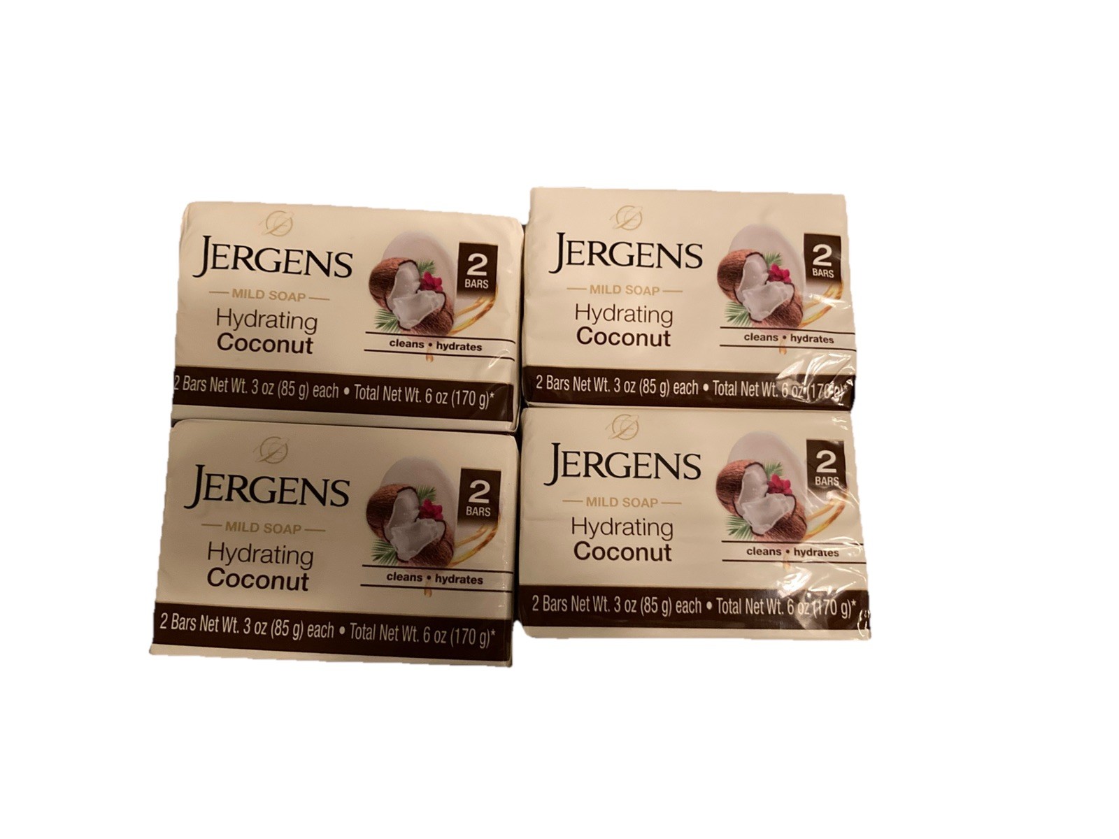 (4) Jergens Mild Coconut Bar Soap. 8 Bars Total, 3 Ounces Each