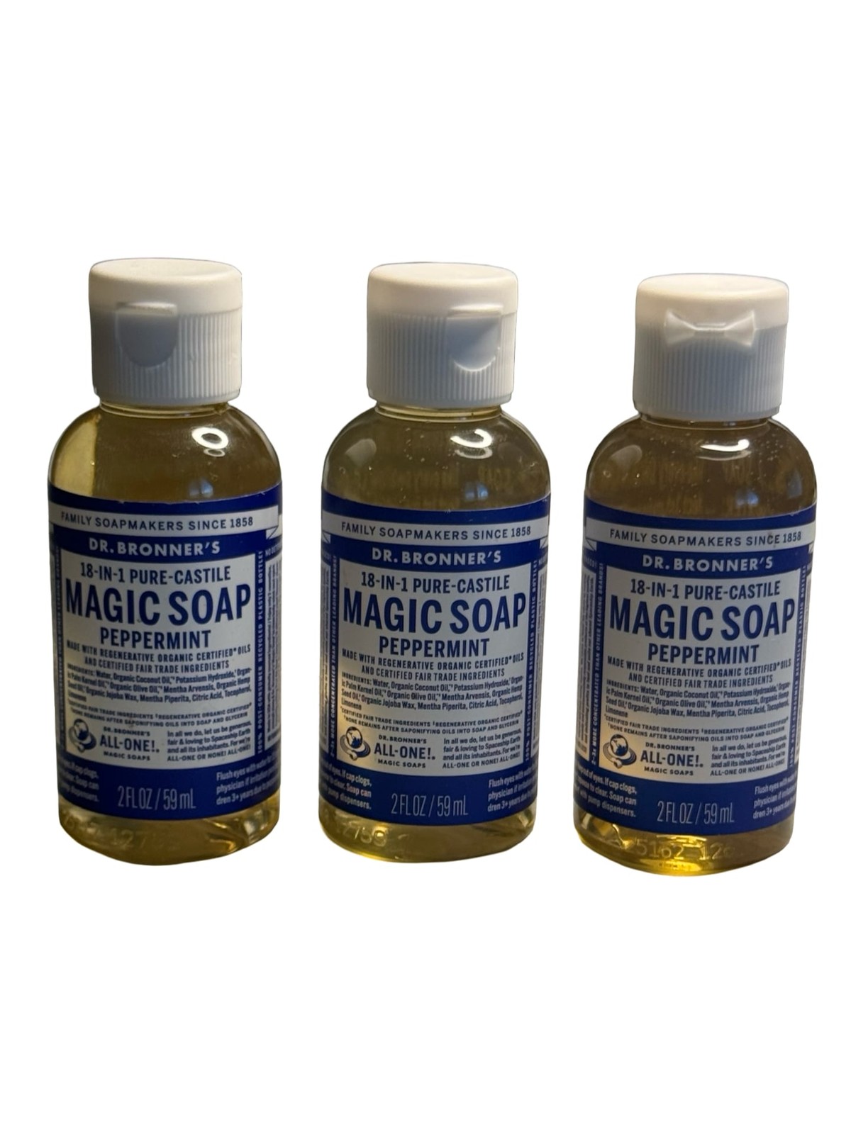 Lot of 3 Dr. Bronner’s Peppermint 18-in-1 Pure-Castile Magic Soap 2 fl oz