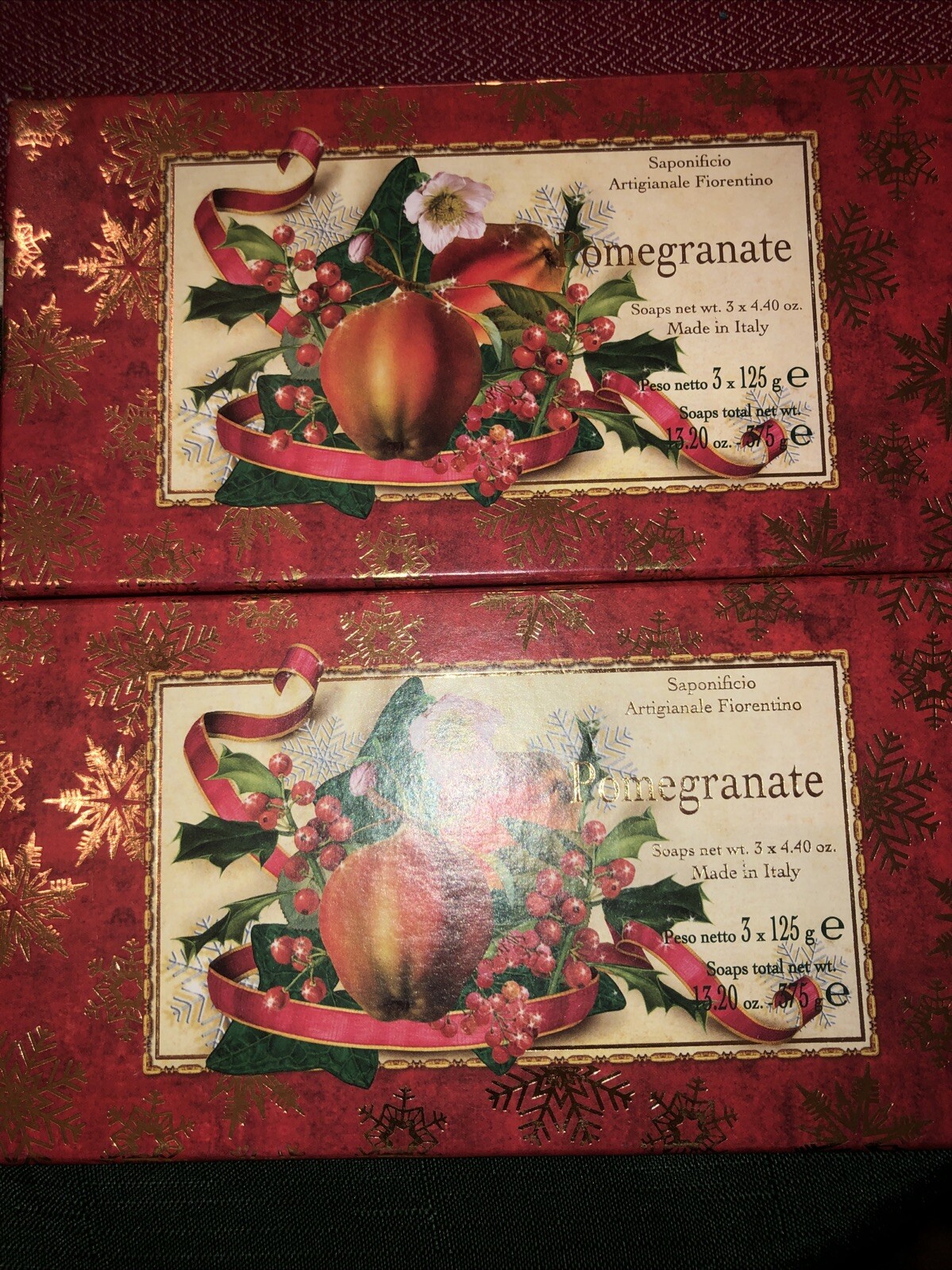 2x Saponificio SAF 3pk Pomegranate Scented Bar Soap 4.4 Oz Christmas Box Tuscany