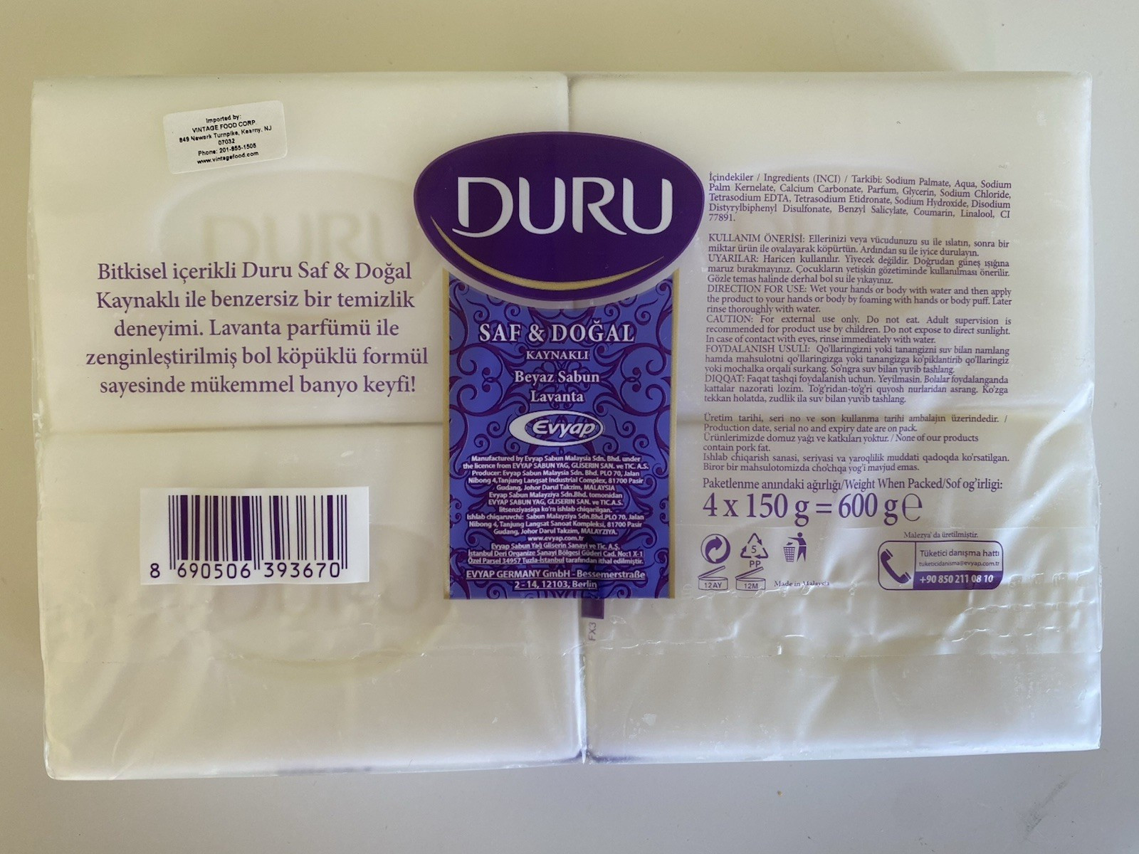 Duru Lavender & Olive Oil Pure & Natural Bath Soap 6.17oz x 8 Bars (total 1200g)