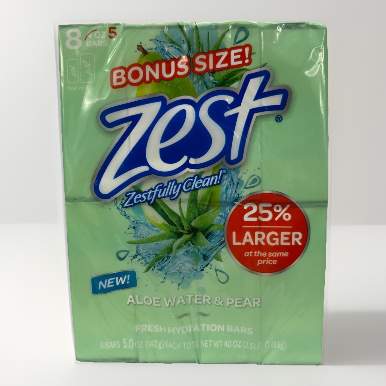 Zest Aloe Water & Pear Fresh Hydration Bar Soap 8 Pack 5 oz Bars New Sealed