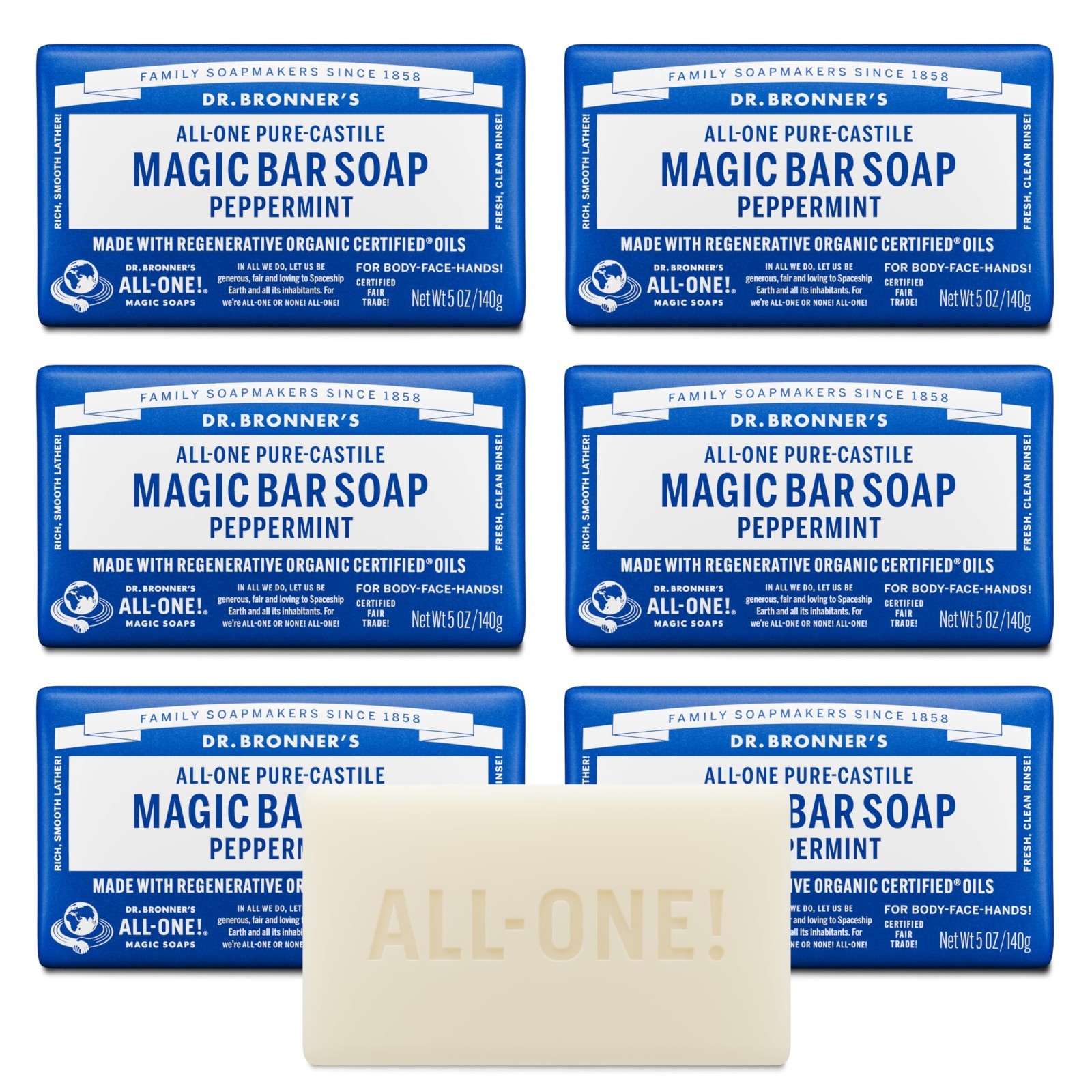 Pure-Castile Magic Soap Bars – Peppermint, 5 oz, 6-Pack – Vegan, Gentle Cleanser