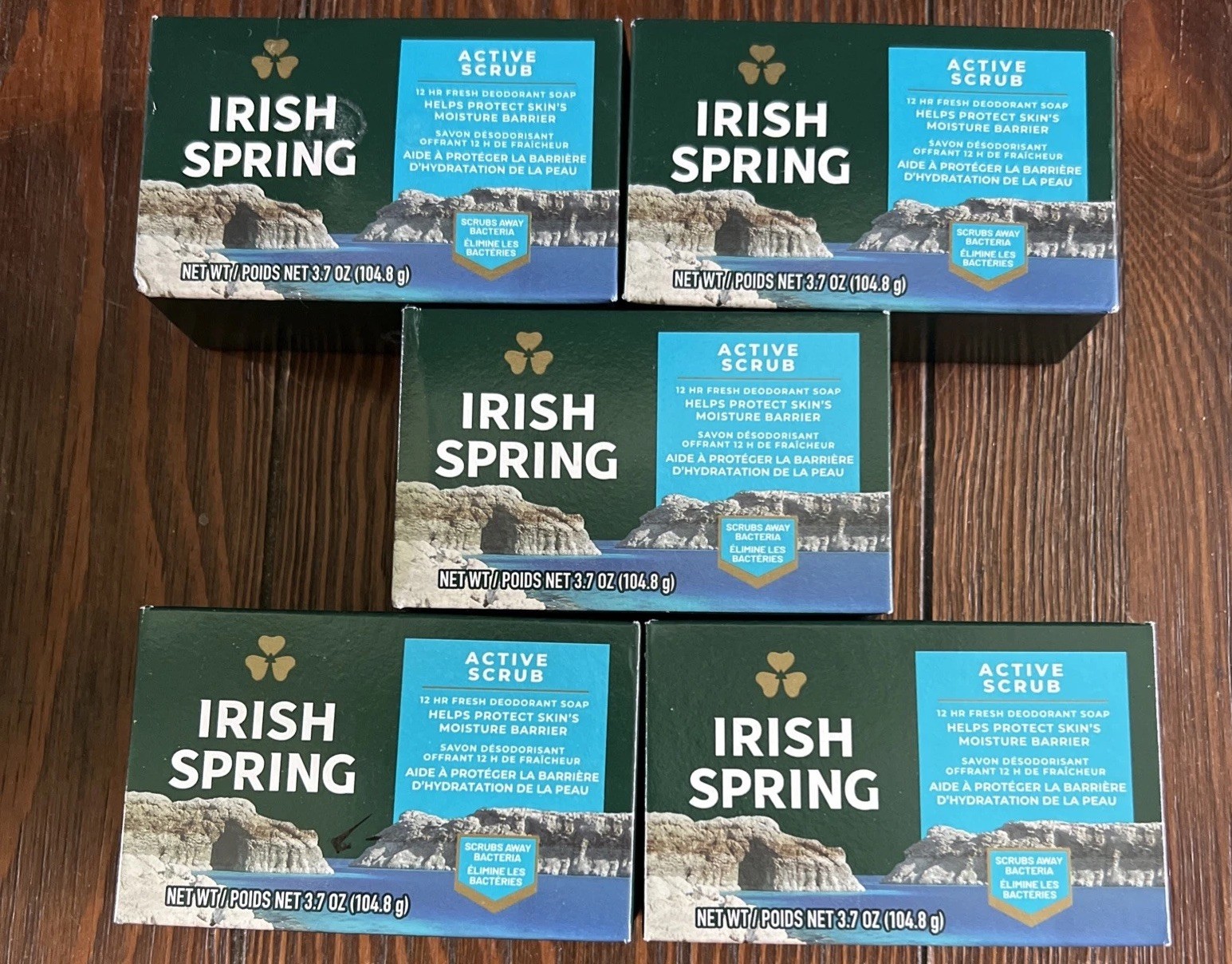 5 New Irish Spring Active Scrub Soap Bars 3.7 ounces Each Deodorant